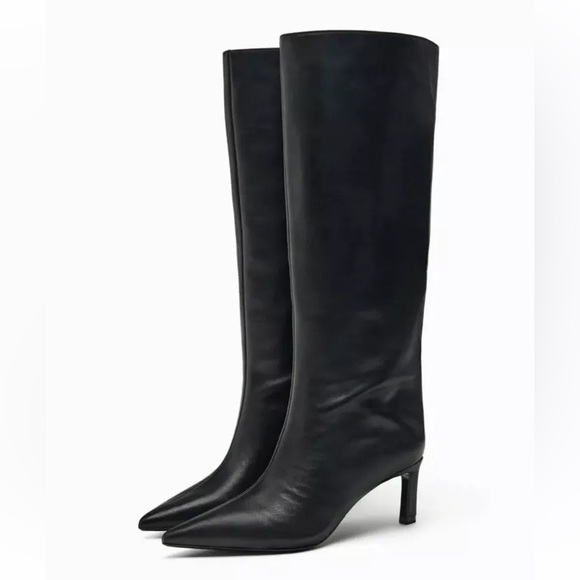Zara HEELED LEATHER KNEE BOOTS. Black. Size 6. New with Tags. - Picture 9 of 9